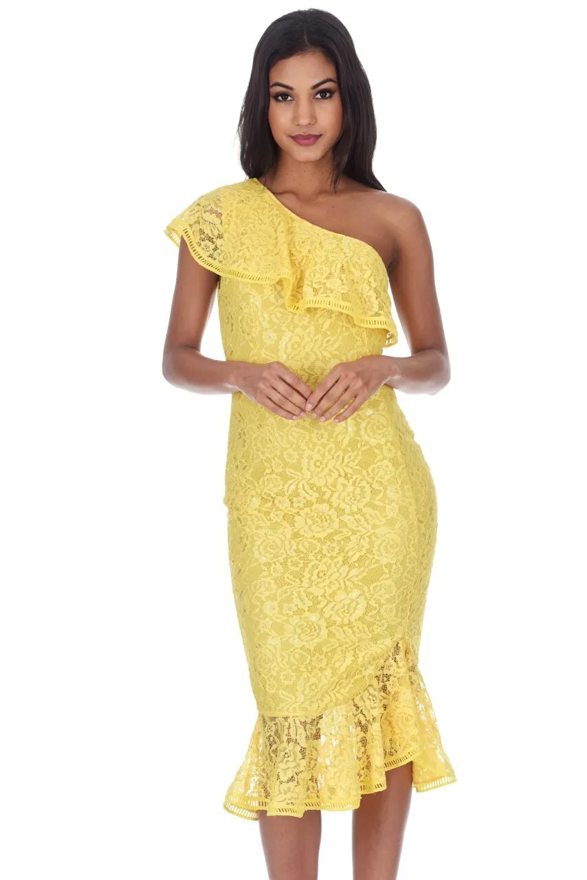 Yellow Lace One Shoulder Frill Detail Midi Dress sold by AX Paris