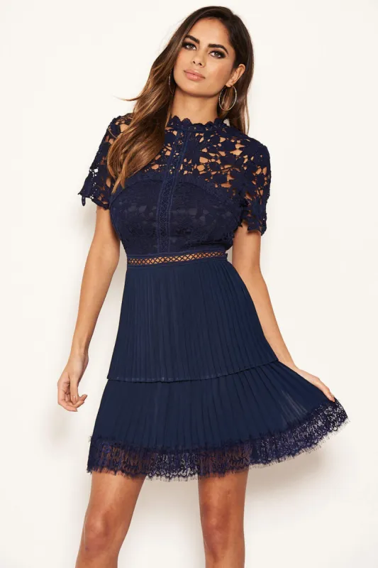 Navy Crochet Pleated Tiered Dress sold by AX Paris