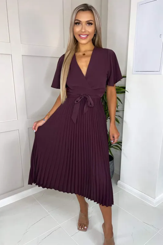 Plum Belted Pleated Skirt Midi Dress sold by AX Paris