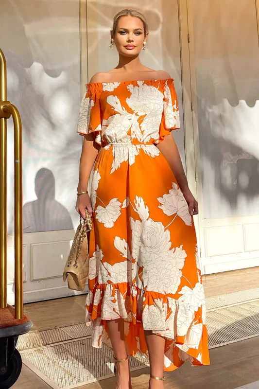 Blood Orange Printed Bardot Style Midi Dress made by AX Paris