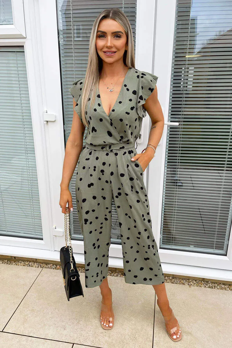 Khaki And Black Dotty Wrap Front Belted Jumpsuit sold by AX Paris