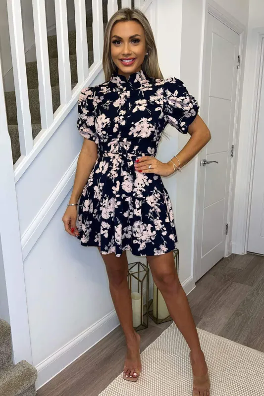 Navy and Pink Floral High Neck Button Front Mini Dress sold by AX Paris