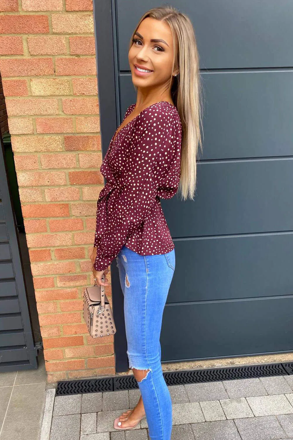 Plum Polka Dot Long Sleeve Wrap Top sold by AX Paris product image thumbnail 4