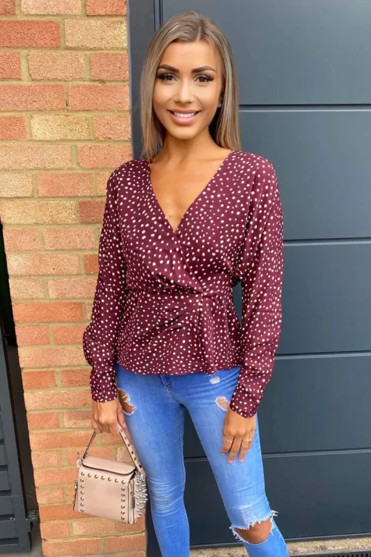 Plum Polka Dot Long Sleeve Wrap Top sold by AX Paris