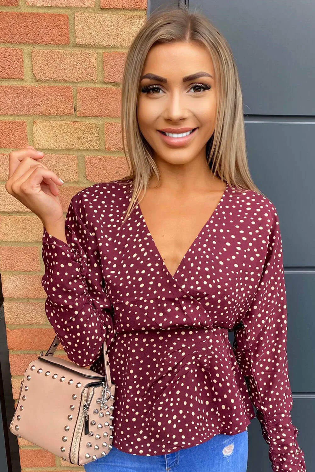 Plum Polka Dot Long Sleeve Wrap Top sold by AX Paris product image thumbnail 2