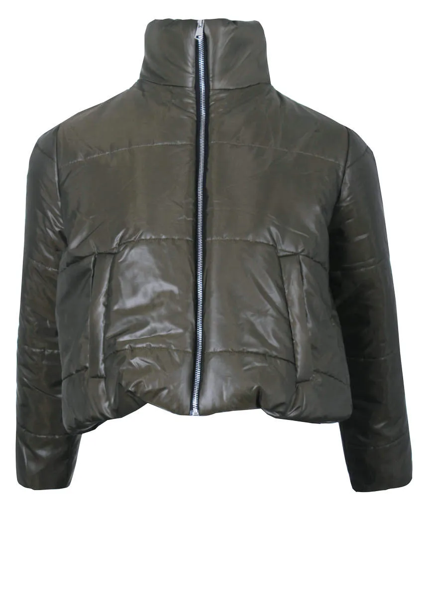 Khaki Wet Look Puffer Jacket sold by AX Paris product image thumbnail 2