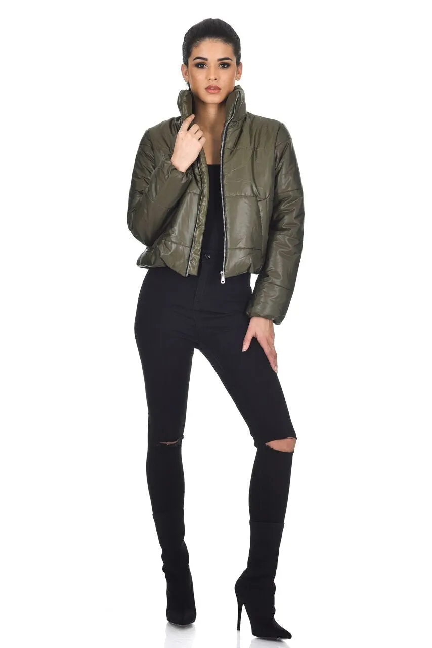 Khaki Wet Look Puffer Jacket sold by AX Paris product image thumbnail 3