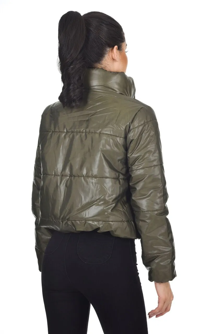 Khaki Wet Look Puffer Jacket sold by AX Paris product image thumbnail 4
