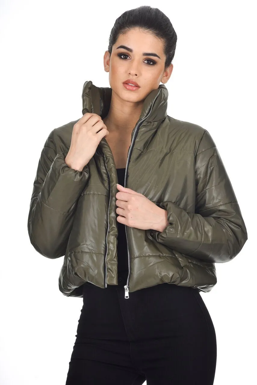 Khaki Wet Look Puffer Jacket sold by AX Paris