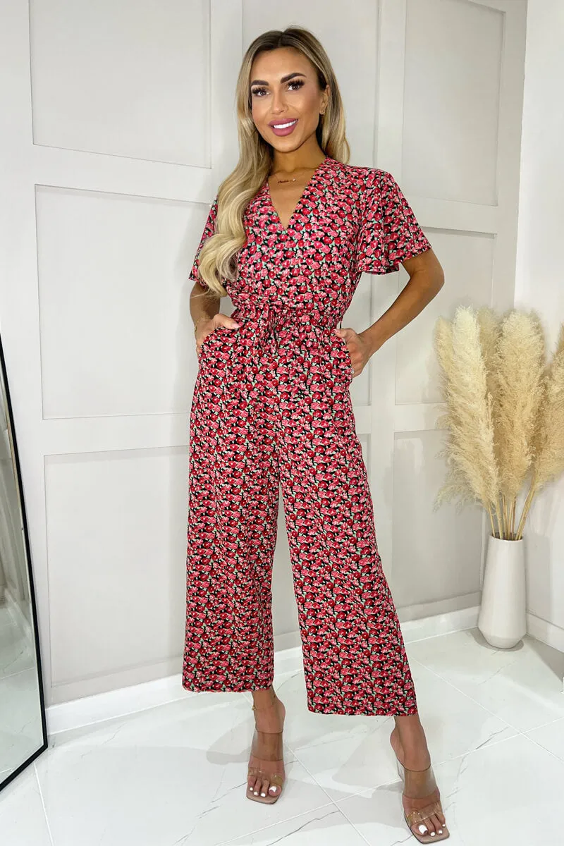 Red Floral Printed Butterfly Sleeve Belted Jumpsuit sold by AX Paris product image thumbnail 3