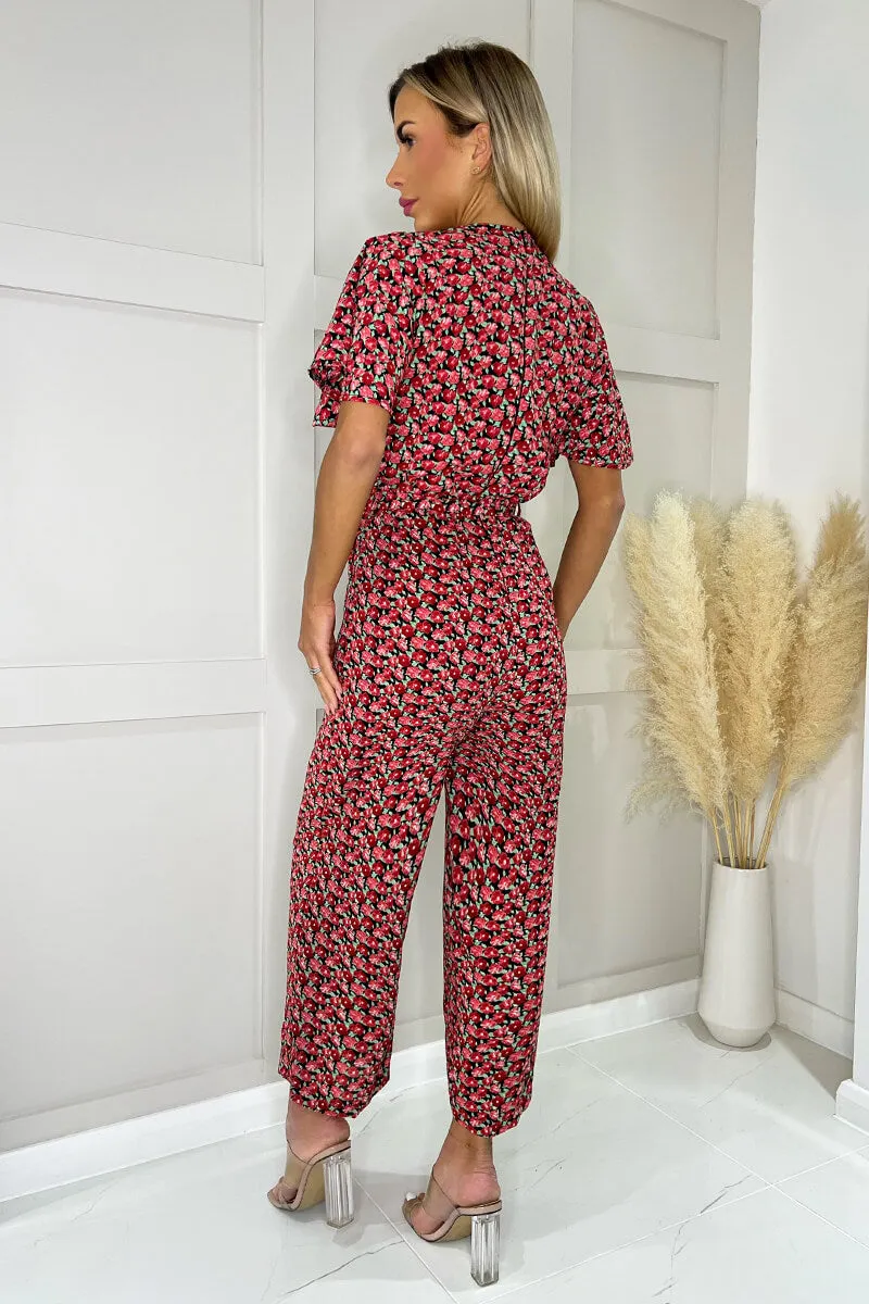 Red Floral Printed Butterfly Sleeve Belted Jumpsuit sold by AX Paris product image thumbnail 4