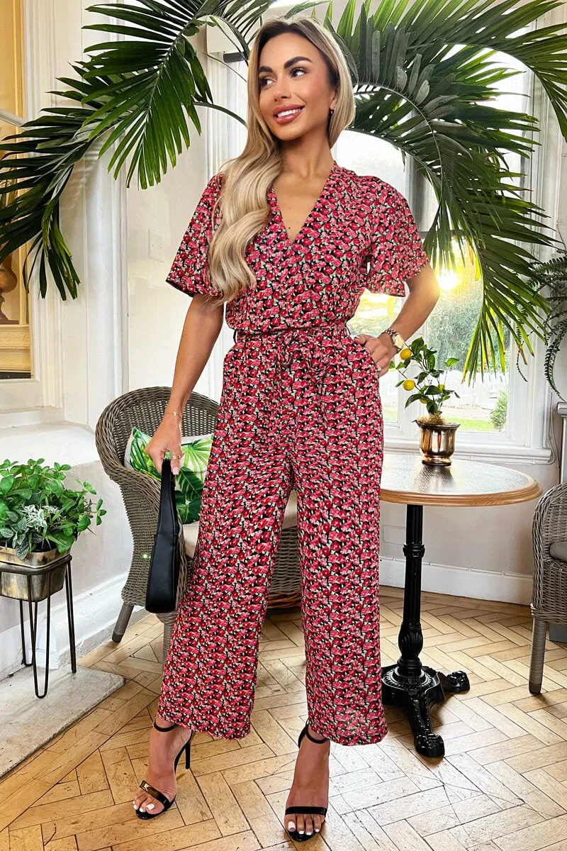 Red Floral Printed Butterfly Sleeve Belted Jumpsuit sold by AX Paris