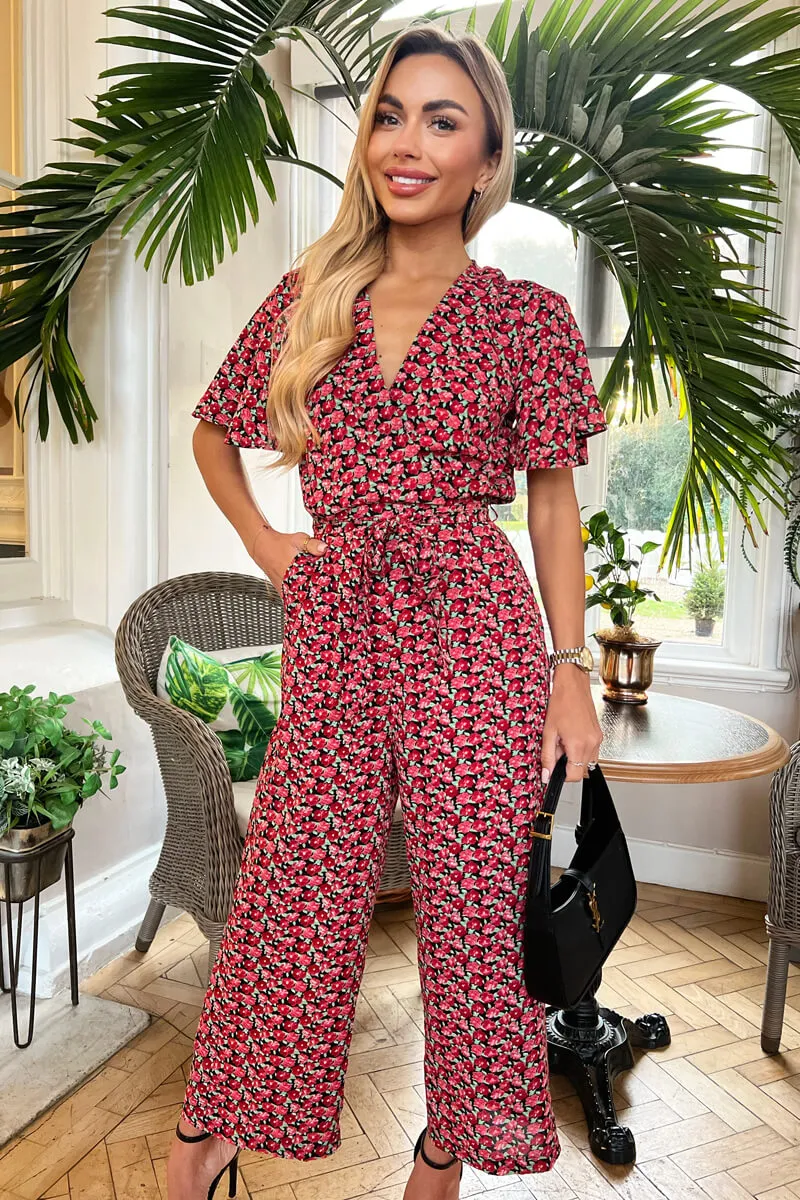 Red Floral Printed Butterfly Sleeve Belted Jumpsuit sold by AX Paris product image thumbnail 2