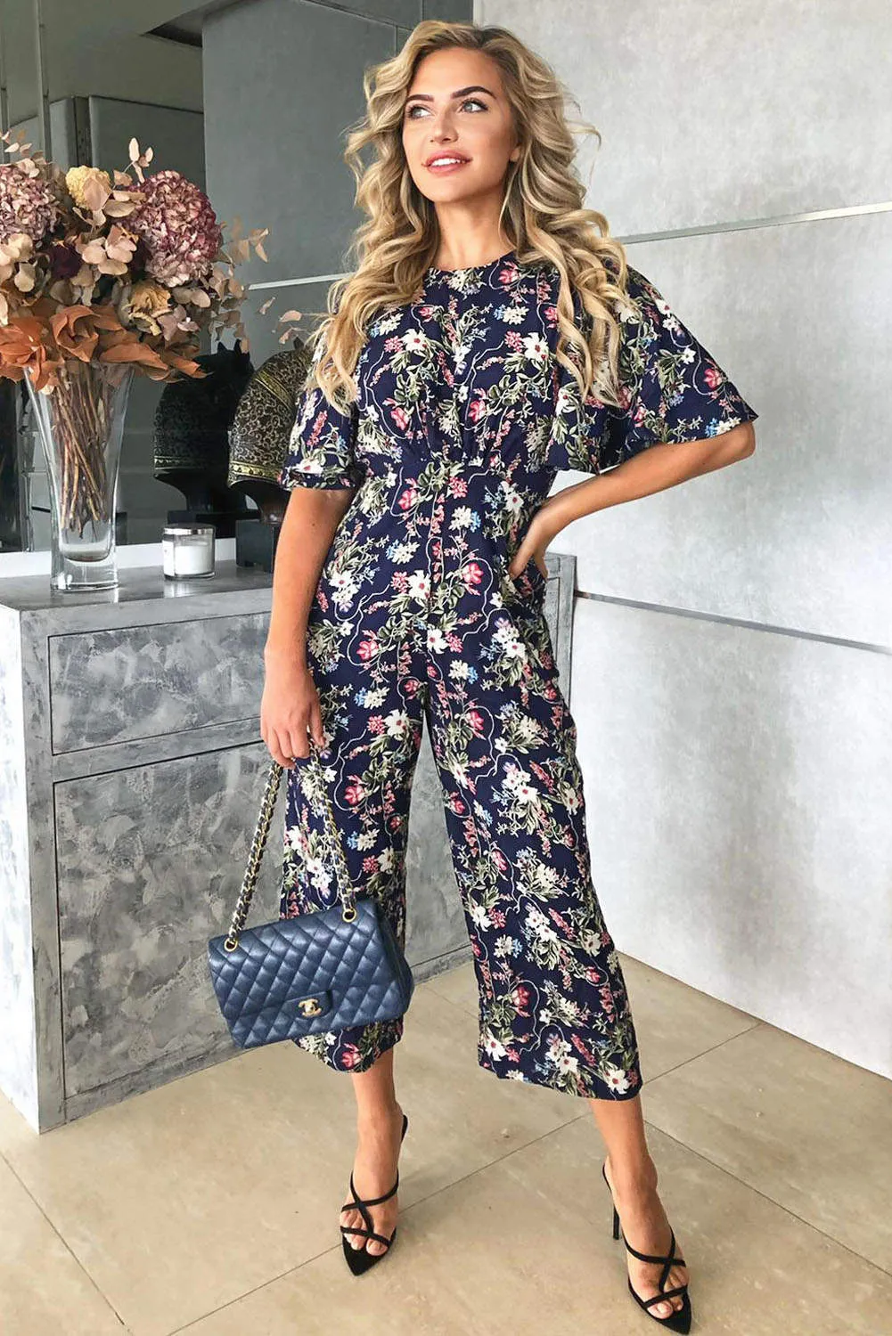 Navy Flared Leg Floral Jumpsuit sold by AX Paris product image thumbnail 2