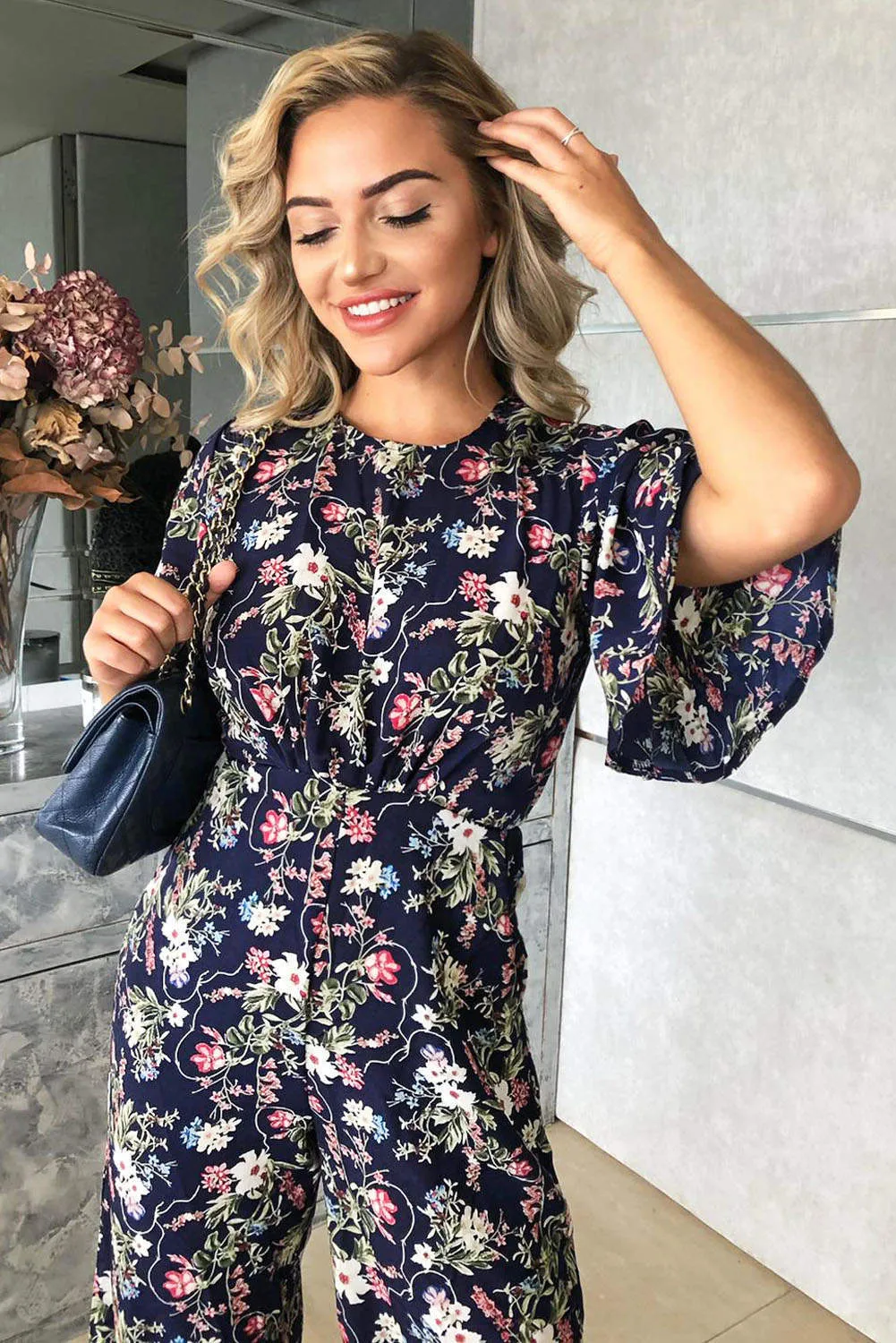 Navy Flared Leg Floral Jumpsuit sold by AX Paris product image thumbnail 3