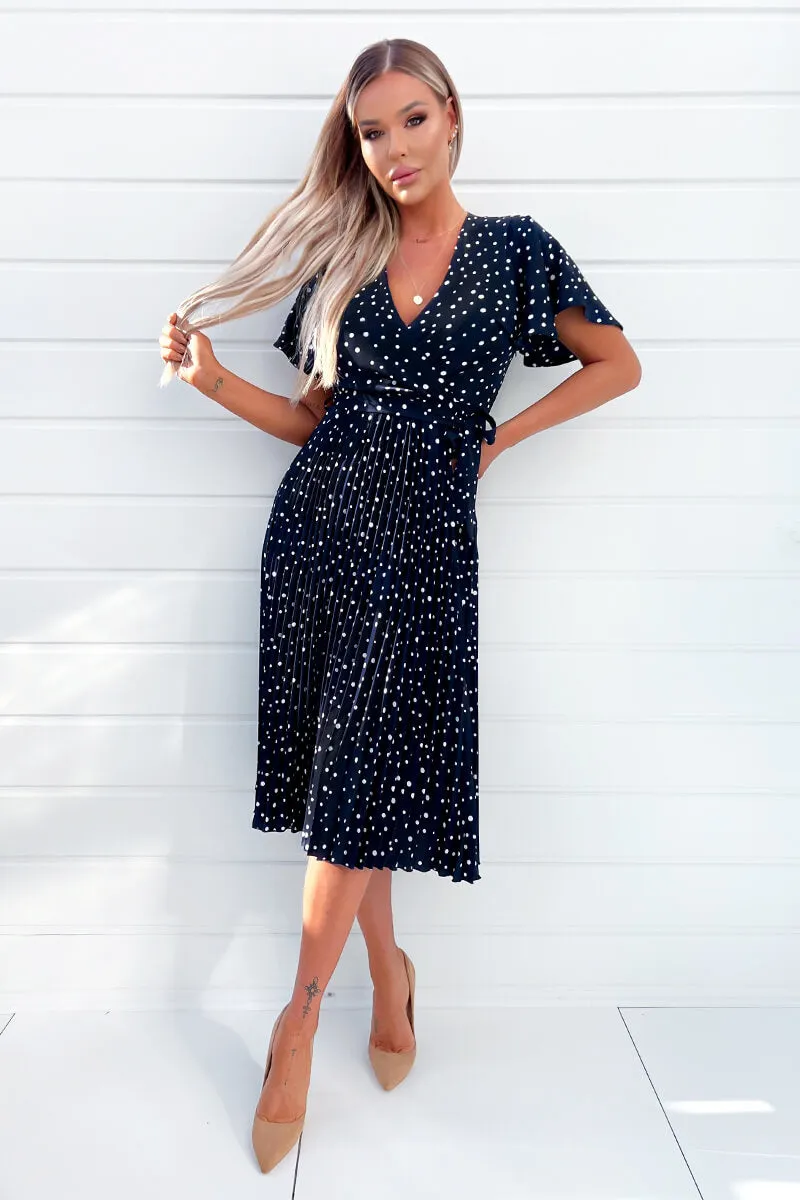 Navy Polka Dot Wrap Top Belted Pleated Midi Dress sold by AX Paris product image thumbnail 2