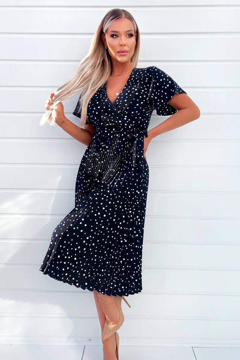 Navy Polka Dot Wrap Top Belted Pleated Midi Dress sold by AX Paris product image thumbnail 3