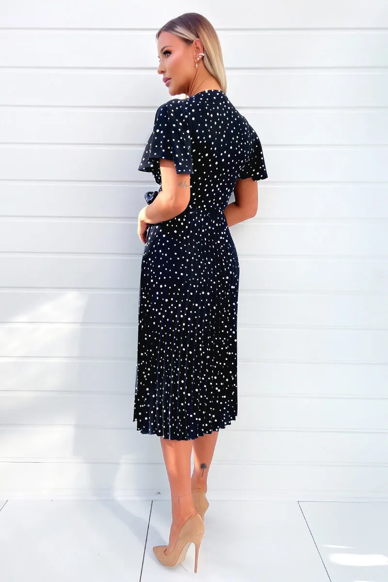 Navy Polka Dot Wrap Top Belted Pleated Midi Dress sold by AX Paris product image thumbnail 4