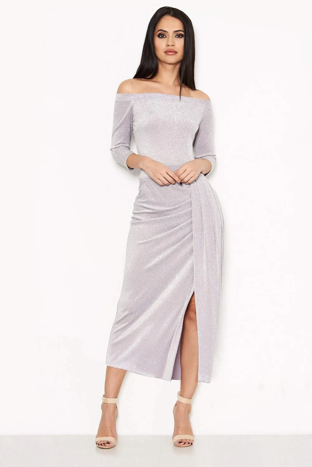 Grey Off Shoulder Wrap Front Sparkle Dress sold by AX Paris product image thumbnail 2