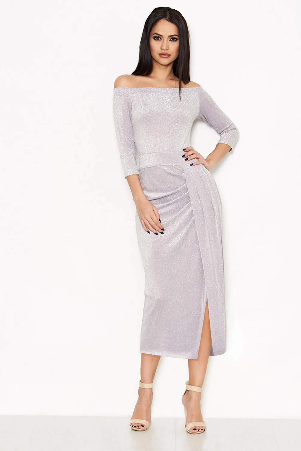Grey Off Shoulder Wrap Front Sparkle Dress sold by AX Paris product image thumbnail 4