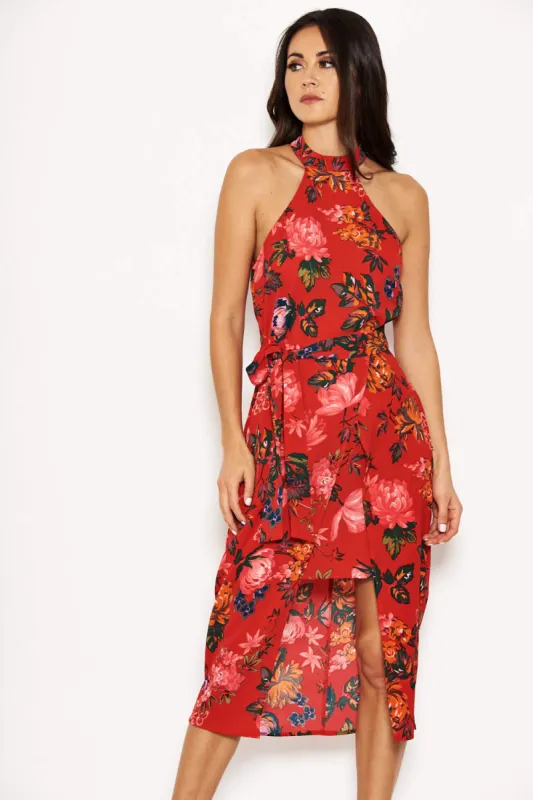Red Floral Wrap Skirt Cut In Neck Dress sold by AX Paris