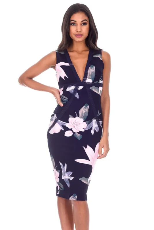 Navy Floral Crochet Detail Midi Dress sold by AX Paris
