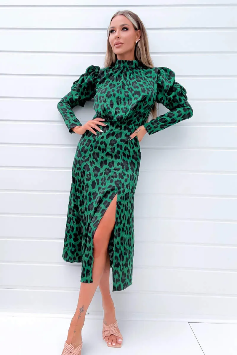 Green and Black Animal Print Puff Long Sleeve Midi Dress sold by AX Paris product image thumbnail 2