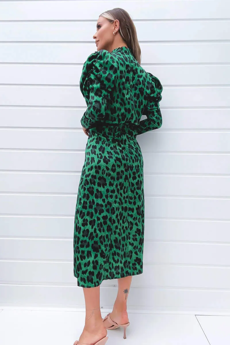 Green and Black Animal Print Puff Long Sleeve Midi Dress sold by AX Paris product image thumbnail 4