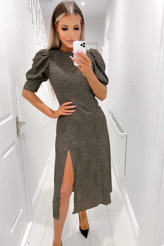 Khaki Printed Ruffle Sleeve Midi Dress sold by AX Paris