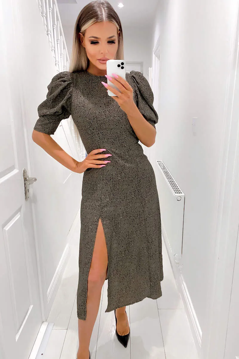 Khaki Printed Ruffle Sleeve Midi Dress sold by AX Paris
