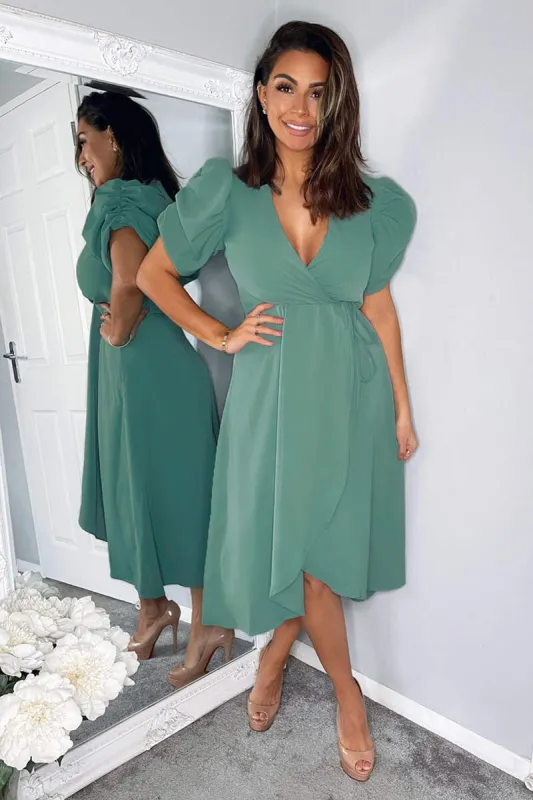 Duck Egg Wrap Over Tie Midi Dress sold by AX Paris