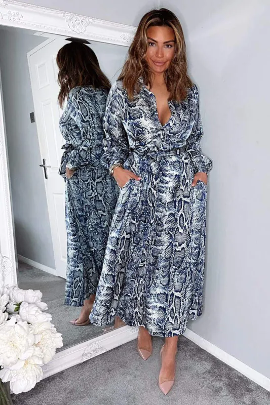 Navy Snake Print Tie Waist Midi Shirt Dress sold by AX Paris