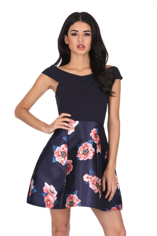 Navy Floral 2 in 1 Skater Mini Dress sold by AX Paris