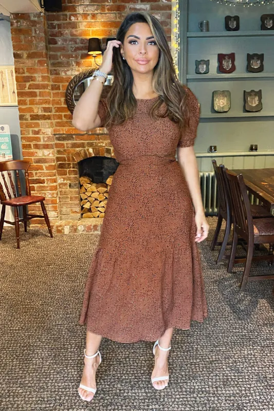 Tan Animal Printed Frill Hem Midi Dress sold by AX Paris