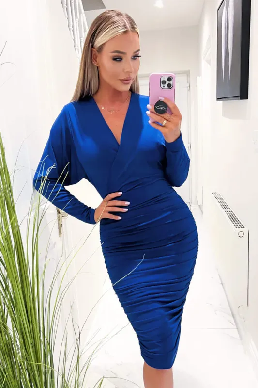 Cobalt Blue Ruched Wrap Top Midi Dress sold by AX Paris