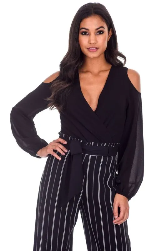 Black Sleeved Plunge Bodysuit sold by AX Paris