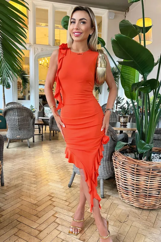 Burnt Orange Ruched Asymmetrical Frill Midi Dress With Flower Detail sold by AX Paris