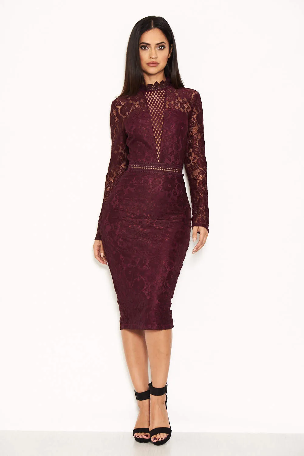Plum High Neck Lace Dress With Frill Hem sold by AX Paris product image thumbnail 2