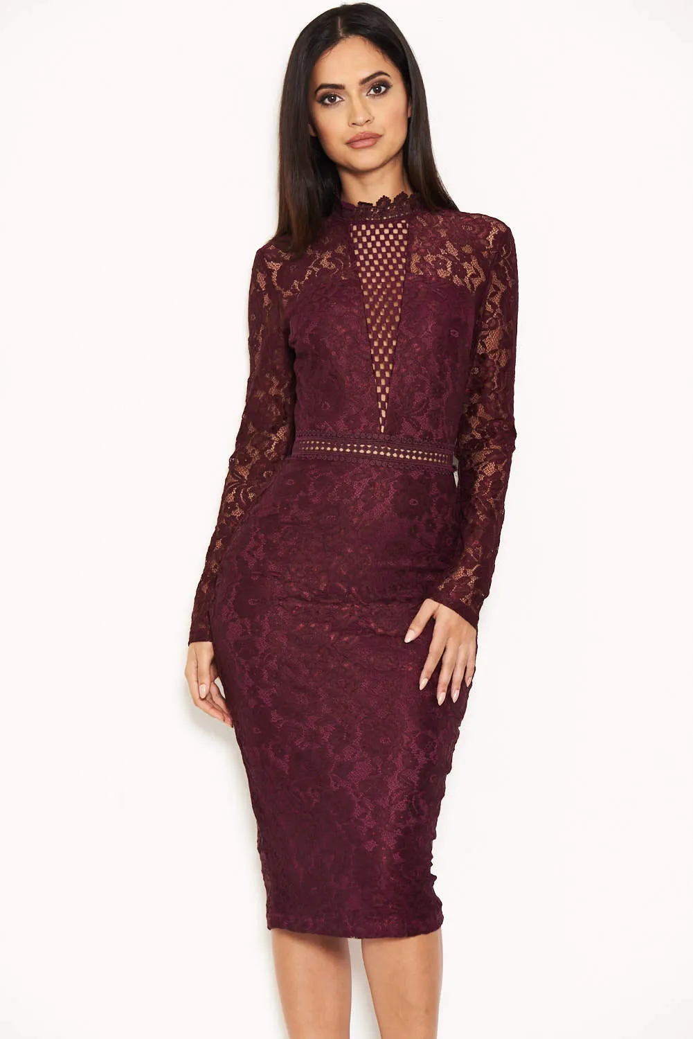 Plum High Neck Lace Dress With Frill Hem sold by AX Paris product image thumbnail 4