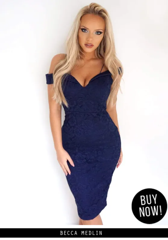Navy Off The Shoulder Strappy Lace Midi Dress sold by AX Paris