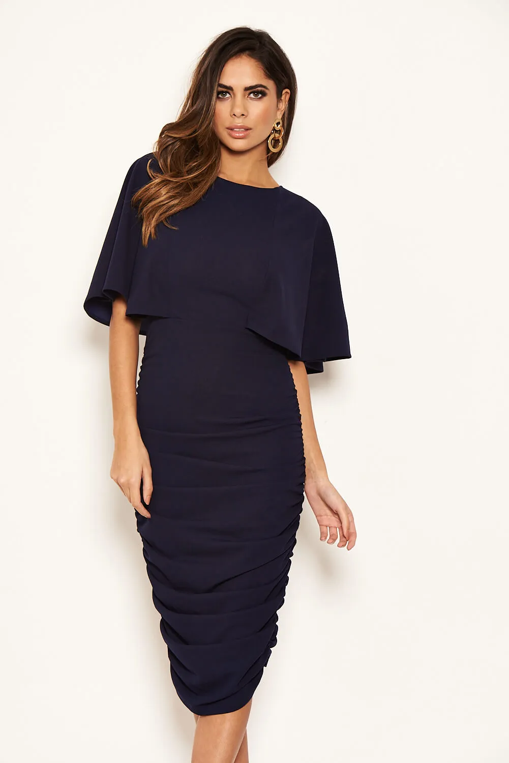 Navy Flared Sleeve Side Ruched Midi Dress sold by AX Paris product image thumbnail 4