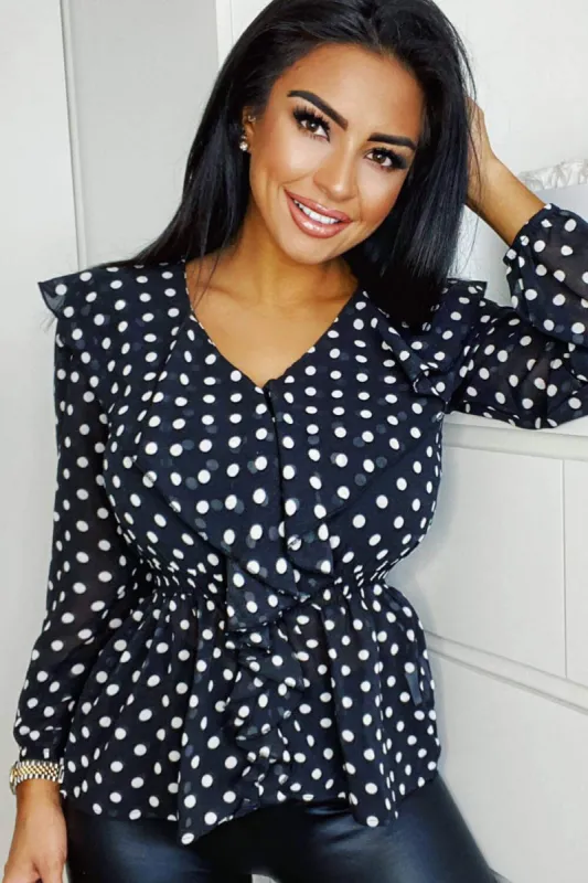 Black Ruffle Polka Dot Top sold by AX Paris