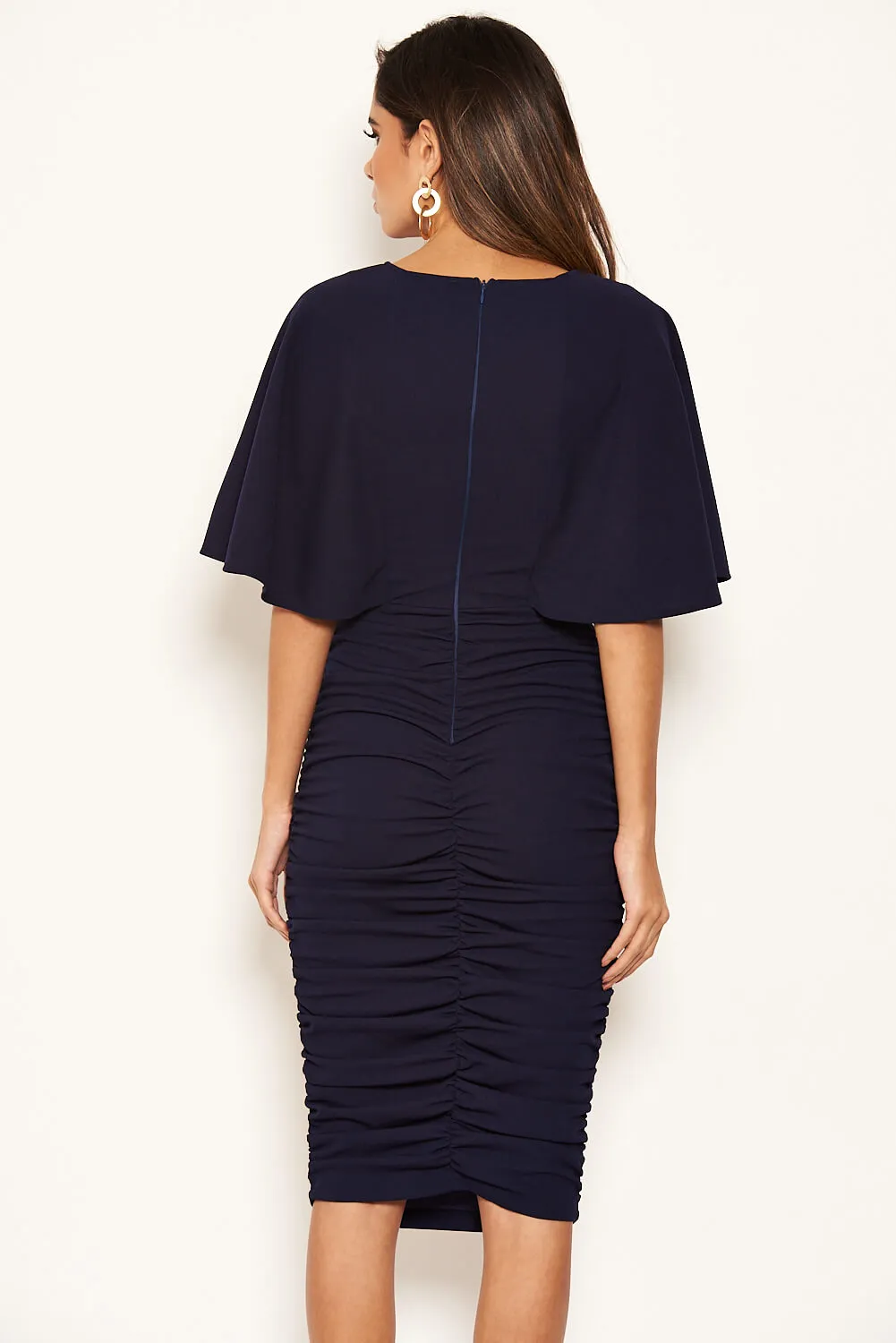 Navy Flared Sleeve Side Ruched Midi Dress sold by AX Paris product image thumbnail 5