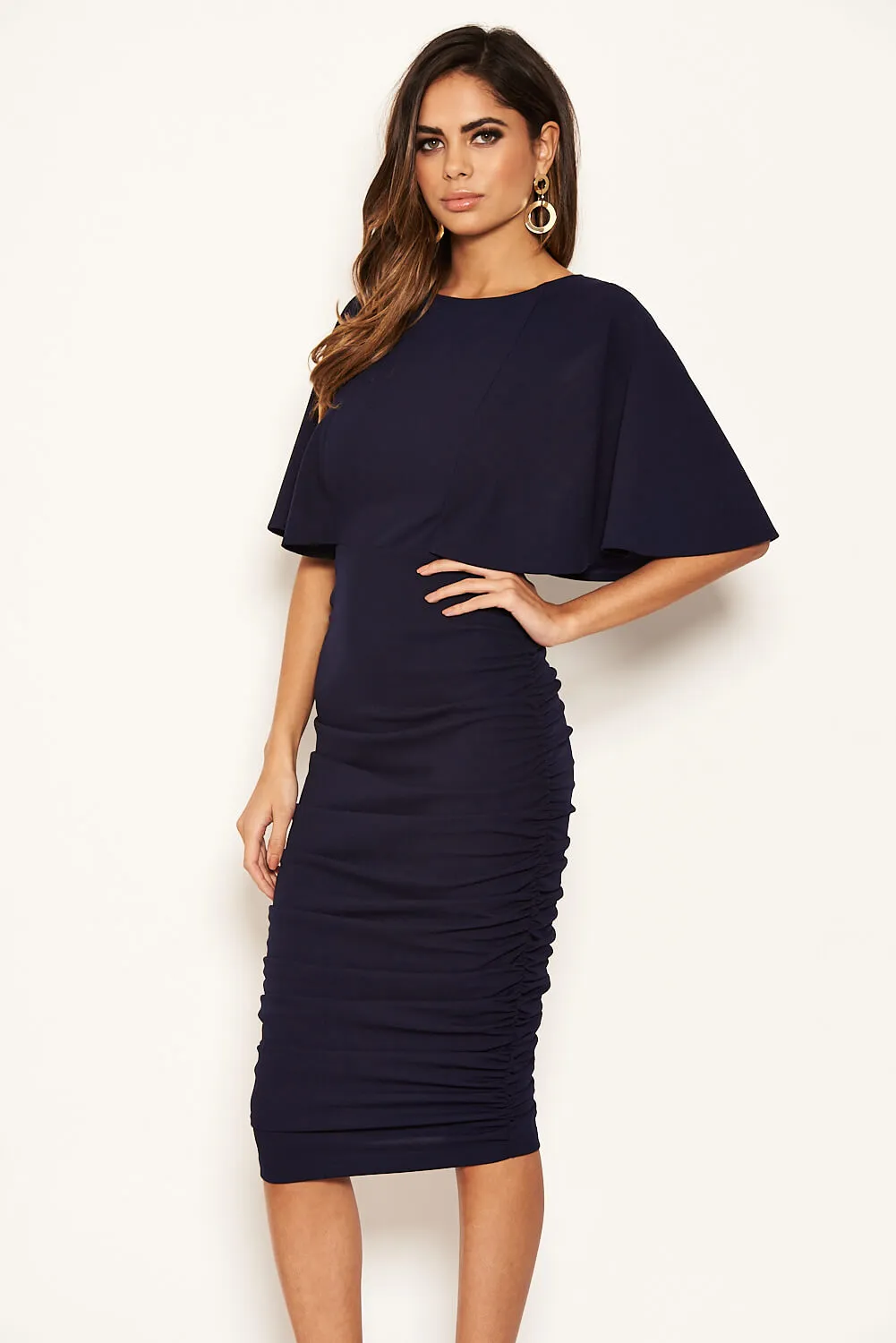 Navy Flared Sleeve Side Ruched Midi Dress sold by AX Paris product image thumbnail 3