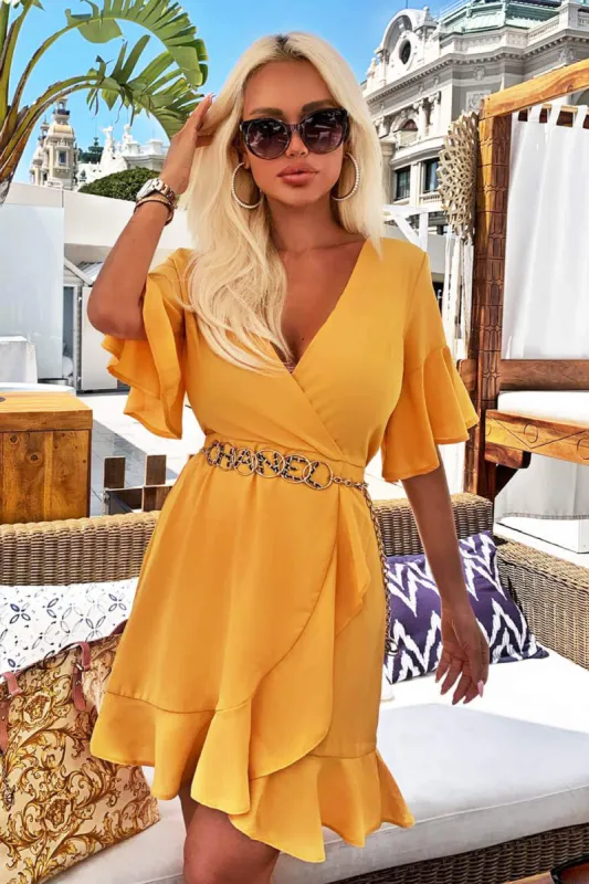 Yellow Frill Detail Wrap Dress sold by AX Paris