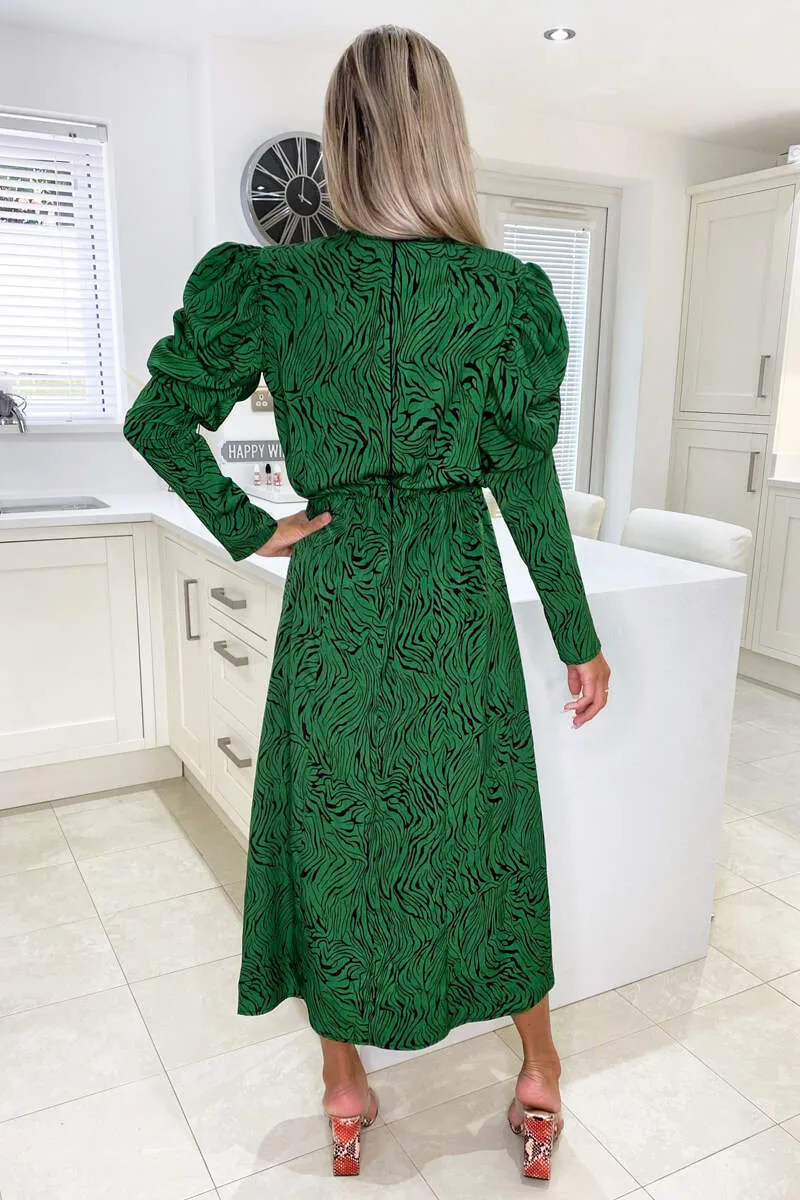 Green Animal Print Gathered Sleeve Split Midi Dress sold by AX Paris product image thumbnail 4