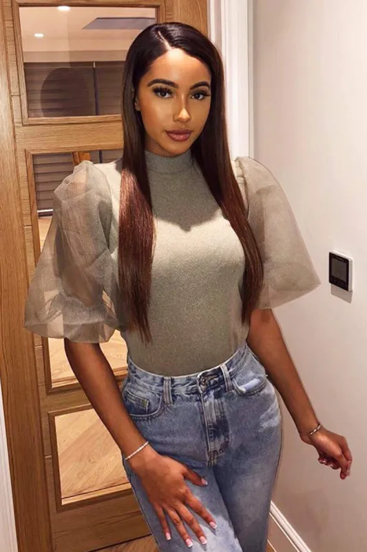 Khaki Puff Sleeve Knitted Top sold by AX Paris