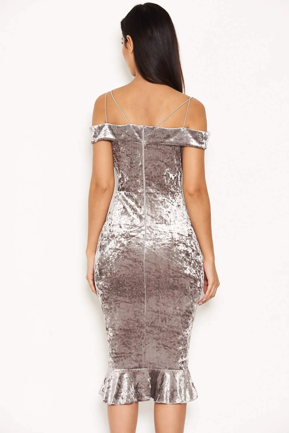 Grey Velvet Off The Shoulder Midi Dress With Frill Hem sold by AX Paris product image thumbnail 3