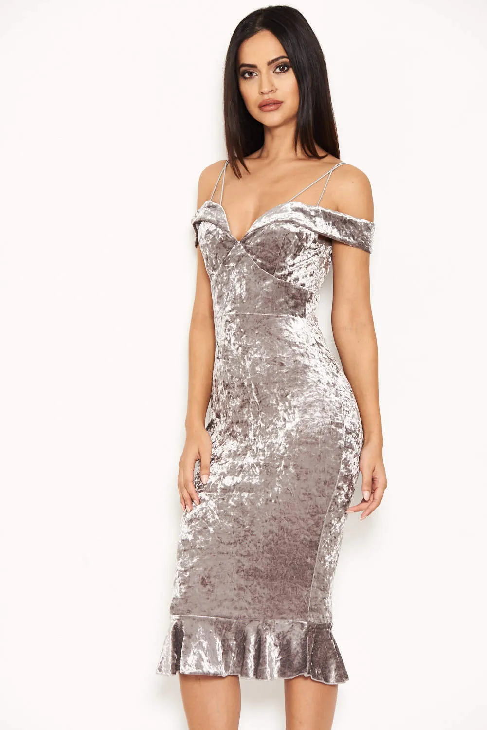 Grey Velvet Off The Shoulder Midi Dress With Frill Hem sold by AX Paris product image thumbnail 4
