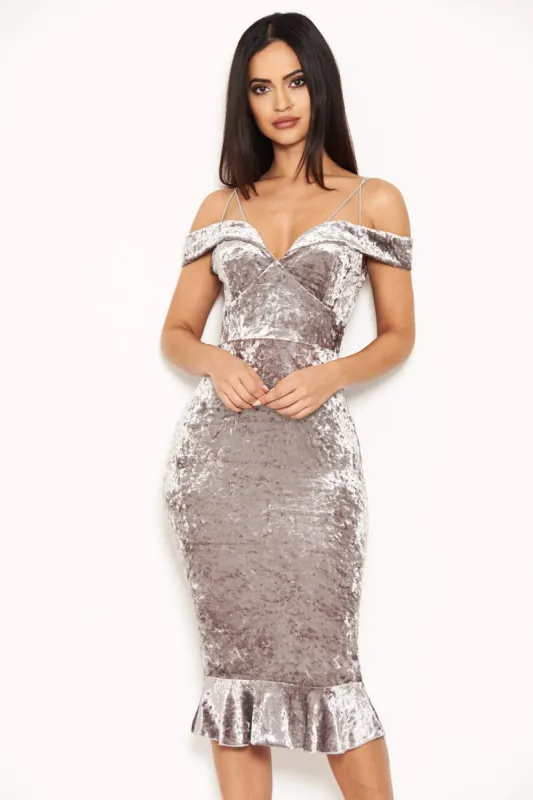 Grey Velvet Off The Shoulder Midi Dress With Frill Hem sold by AX Paris